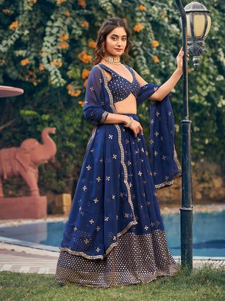 Embroidered Sequinned Semi-Stitched Lehenga Set