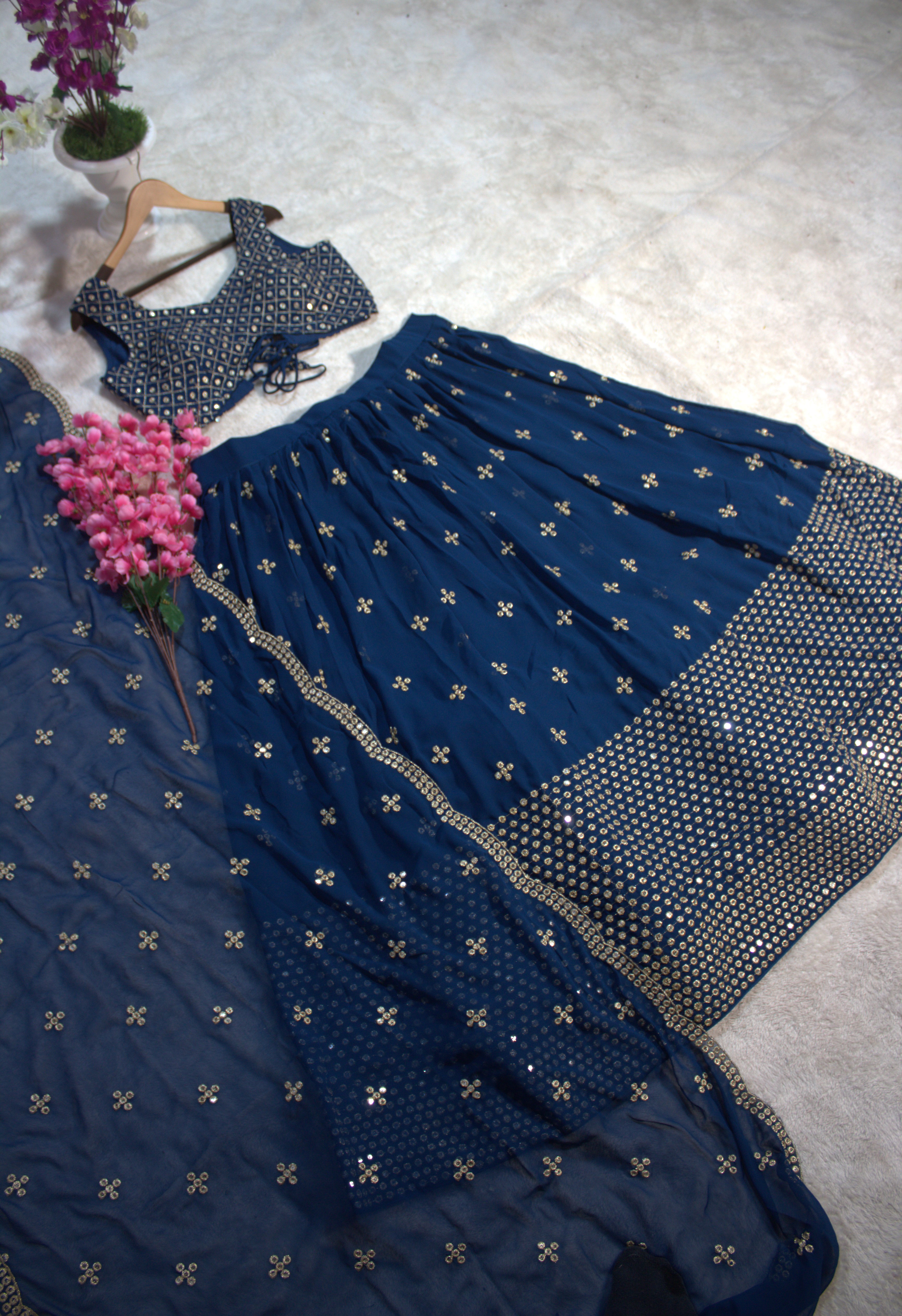 Embroidered Sequinned Semi-Stitched Lehenga Set