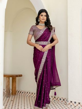 Wine Kasturi Silk Saree with Zari, Dori & Sequin Work