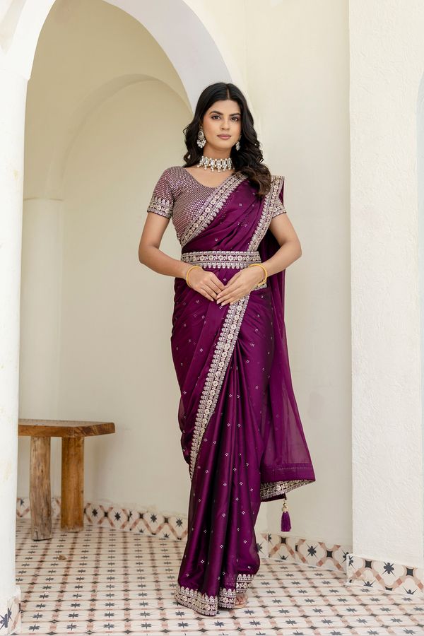 Wine Kasturi Silk Saree with Zari, Dori & Sequin Work