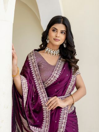 Wine Kasturi Silk Saree with Zari, Dori & Sequin Work