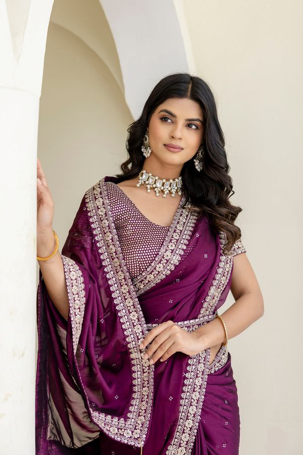 Wine Kasturi Silk Saree with Zari, Dori & Sequin Work
