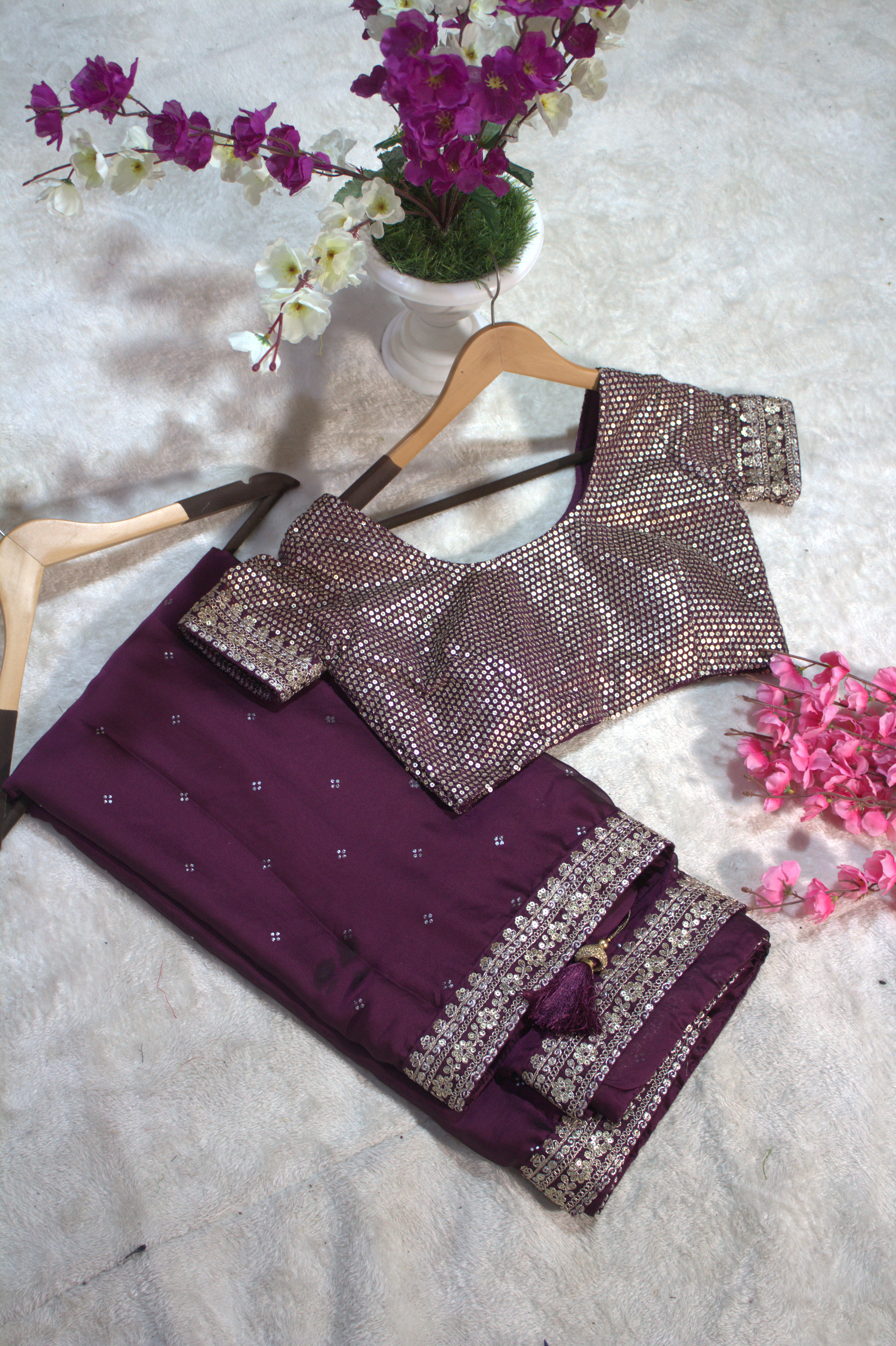 Wine Kasturi Silk Saree with Zari, Dori & Sequin Work