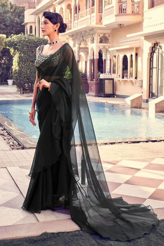Black Organza Ruffle Saree with Mirror Work Blouse Piece