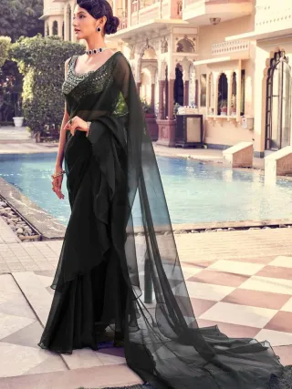 Black Organza Ruffle Saree with Mirror Work Blouse Piece