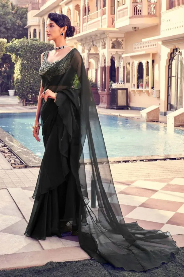 Black Organza Ruffle Saree With Mirror Work Blouse Piece