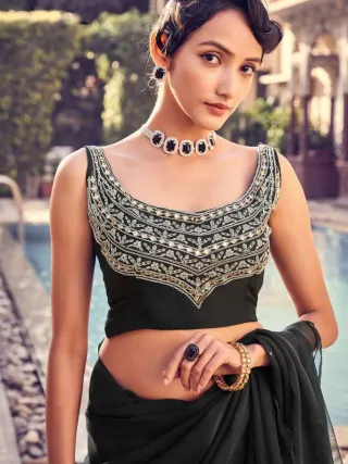 Black Organza Ruffle Saree with Mirror Work Blouse Piece