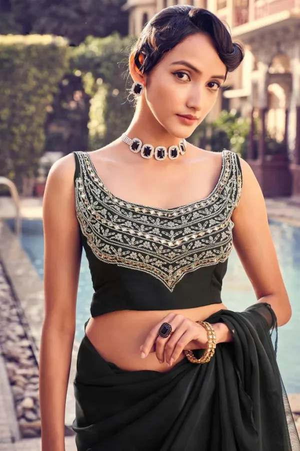 Black Organza Ruffle Saree With Mirror Work Blouse Piece