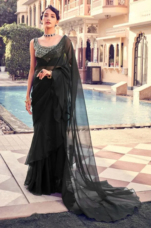 Black Organza Ruffle Saree with Mirror Work Blouse Piece