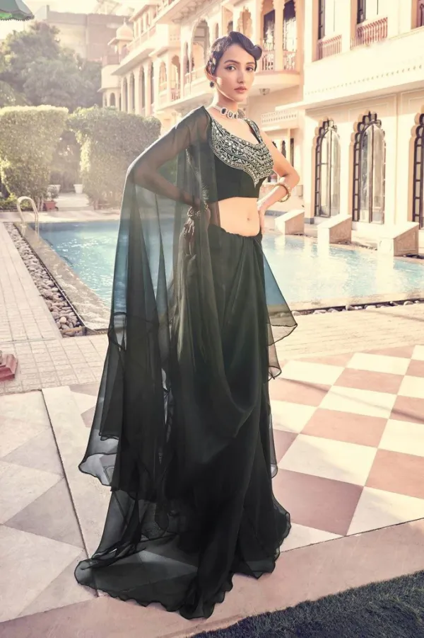 Black Organza Ruffle Saree with Mirror Work Blouse Piece