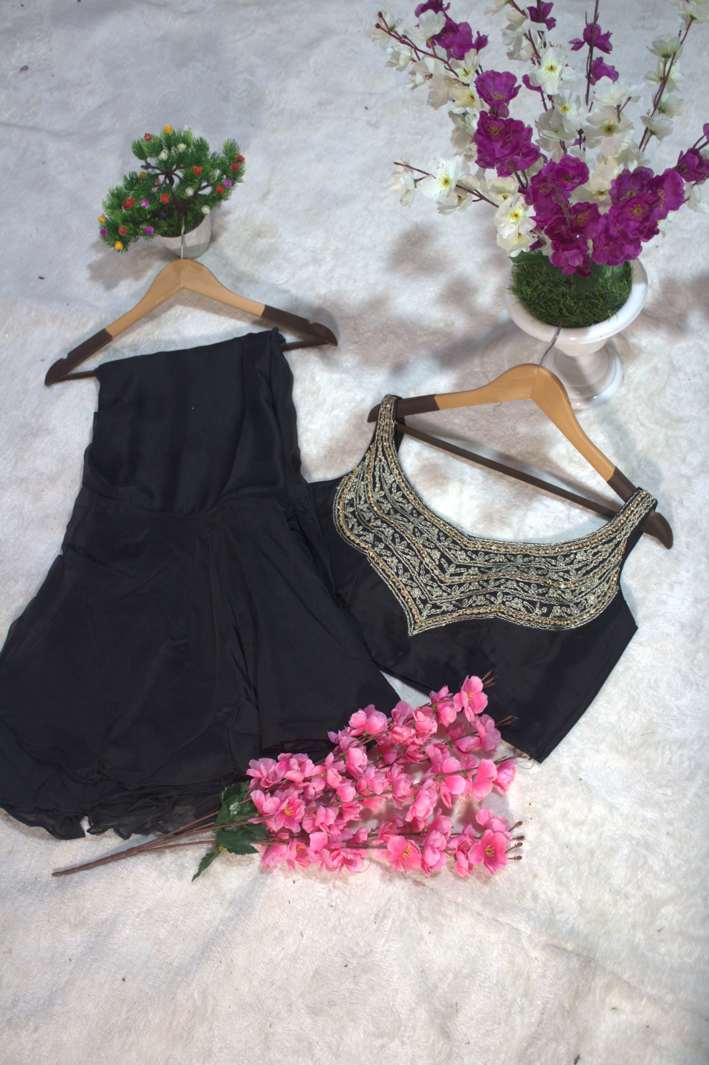 Black Organza Ruffle Saree with Mirror Work Blouse Piece