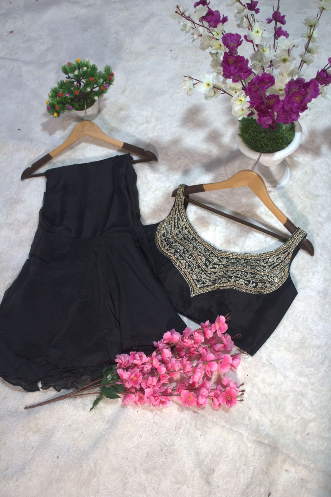 Black Organza Ruffle Saree with Mirror Work Blouse Piece