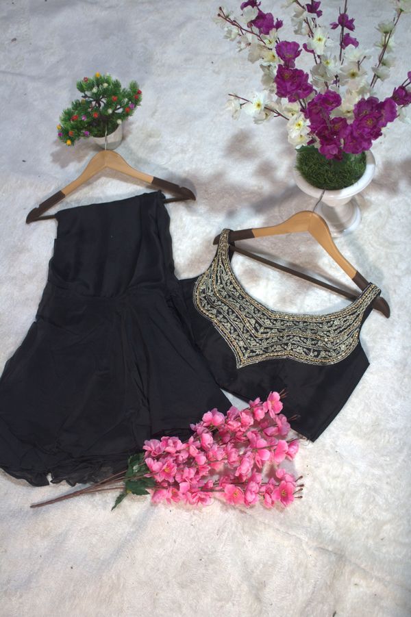 Black Organza Ruffle Saree with Mirror Work Blouse Piece