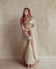 Off White Organza Silk Embroidered Saree with Sequin Butti Work - Party Wear - off white