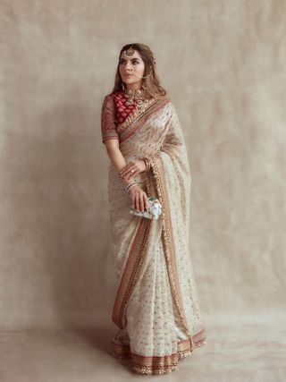 Off White Organza Silk Embroidered Saree with Sequin Butti Work - Party Wear