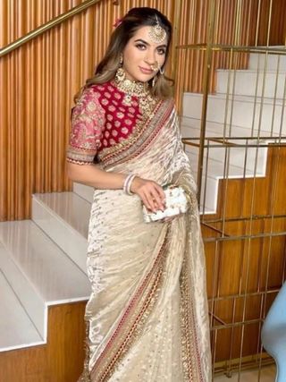 Off White Organza Silk Embroidered Saree with Sequin Butti Work - Party Wear