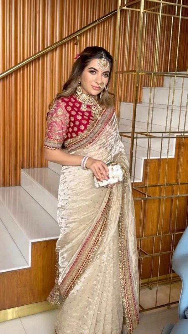 Off White Organza Silk Embroidered Saree With Sequin Butti Work - Party Wear