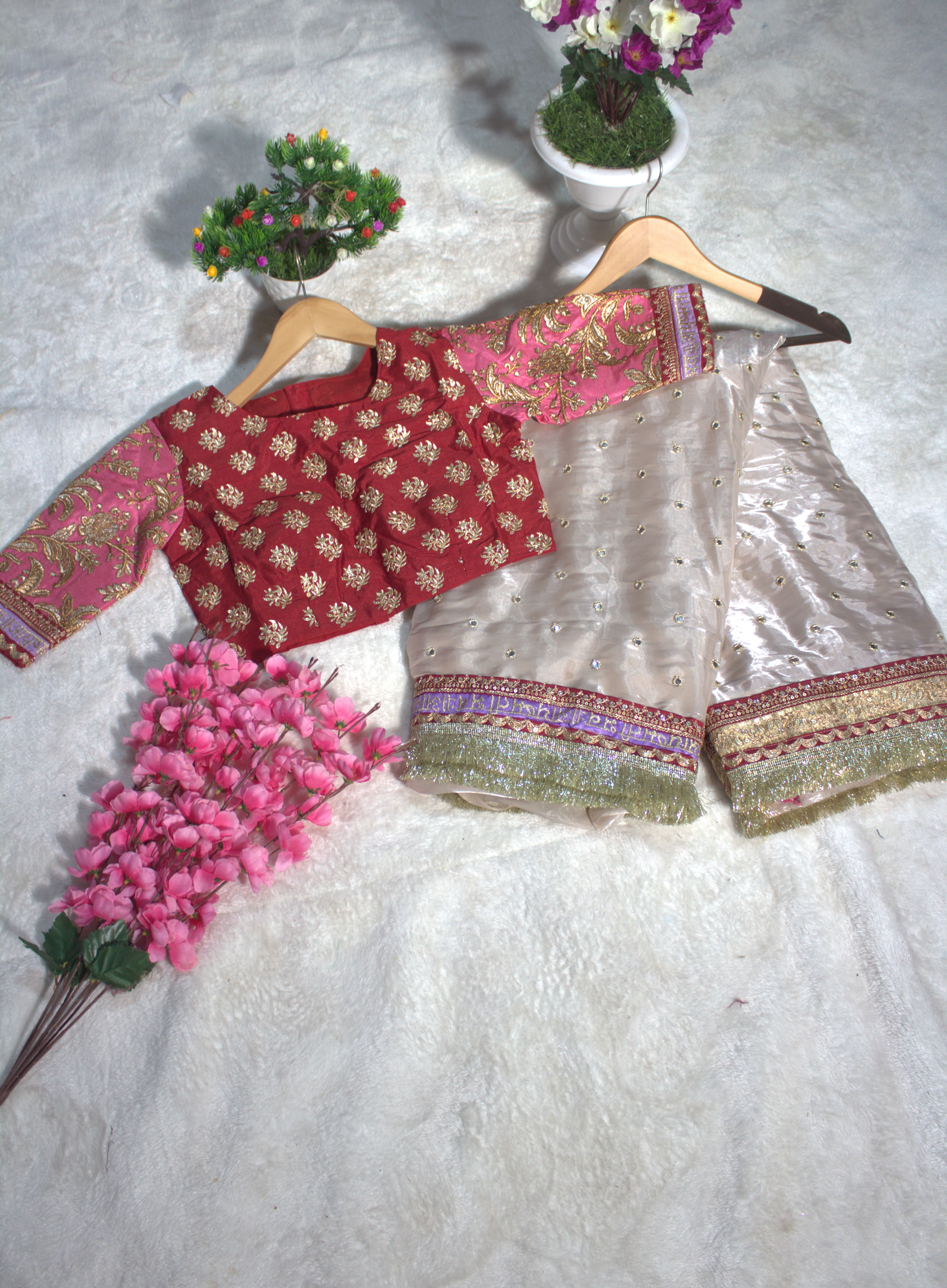Off White Organza Silk Embroidered Saree with Sequin Butti Work - Party Wear