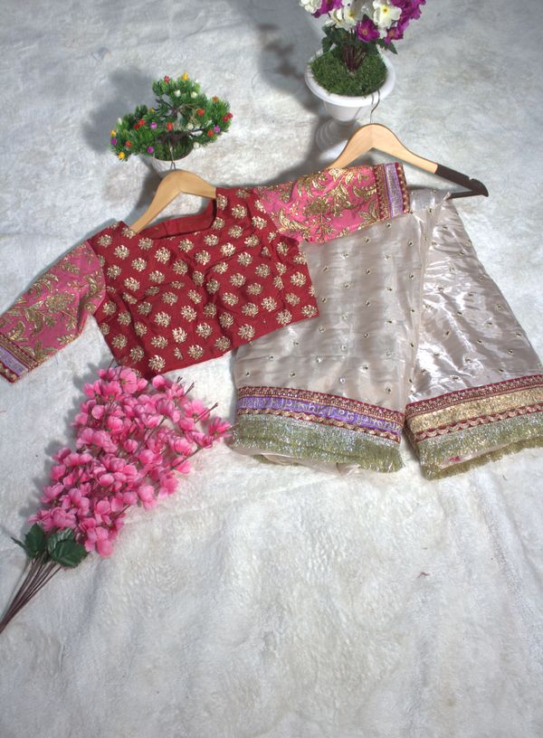 Off White Organza Silk Embroidered Saree with Sequin Butti Work - Party Wear