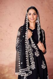 Black Embroidered Anarkali Kurta Set for Women with Georgette Pants & Net Dupatta | Designer Party & Festive Wear Ethnic Set