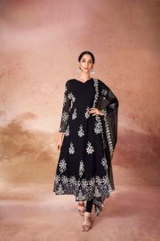 Black Embroidered Anarkali Kurta Set for Women with Georgette Pants & Net Dupatta | Designer Party & Festive Wear Ethnic Set