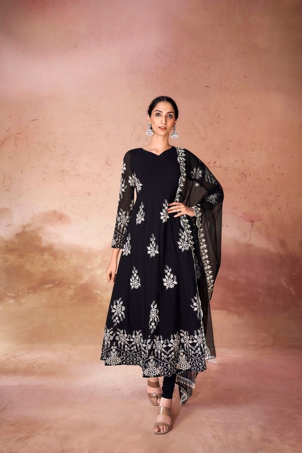 Black Embroidered Anarkali Kurta Set For Women With Georgette Pants &Amp; Net Dupatta | Designer Party &Amp; Festive Wear Ethnic Set