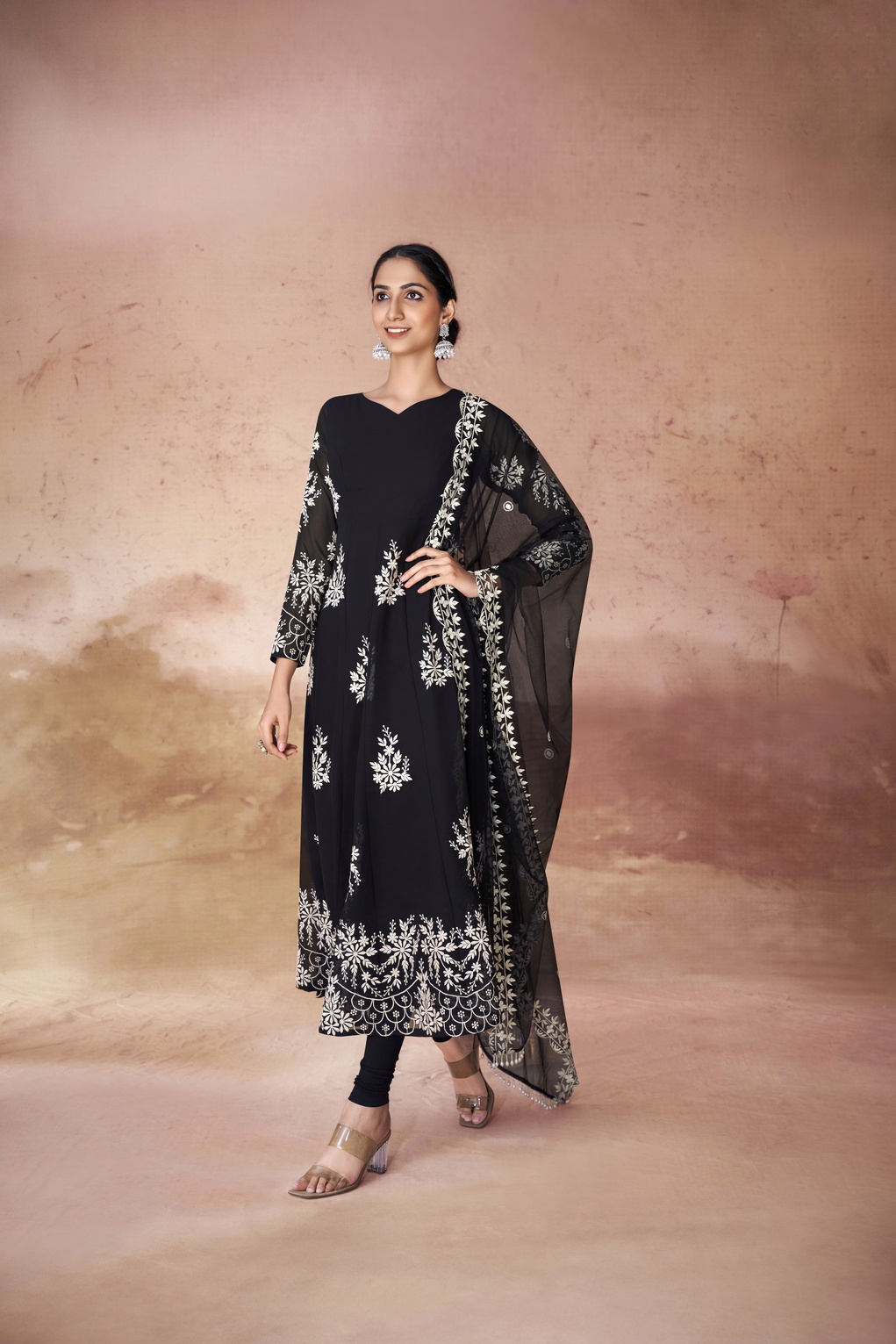 Black Anarkali Kurta Set With Georgette Pants