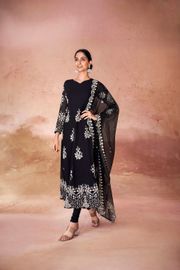 Black Embroidered Anarkali Kurta Set for Women with Georgette Pants & Net Dupatta | Designer Party & Festive Wear Ethnic Set