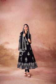 Black Embroidered Anarkali Kurta Set for Women with Georgette Pants & Net Dupatta | Designer Party & Festive Wear Ethnic Set