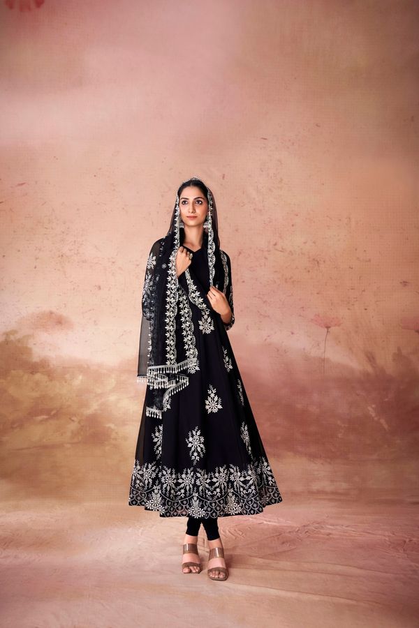 Black Anarkali Kurta Set With Georgette Pants