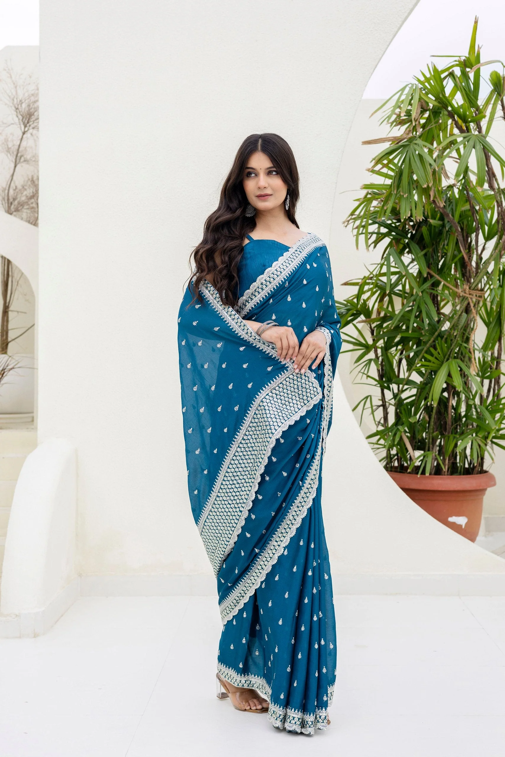 Blue Chinon Saree with Zari, Dori and Sequin Work with Banglori Silk Blouse for Festive Wear
