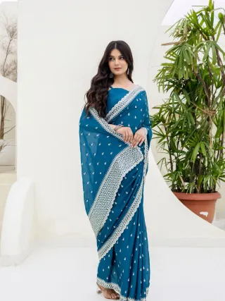 Blue Chinon Saree with Zari, Dori and Sequin Work with Banglori Silk Blouse for Festive Wear