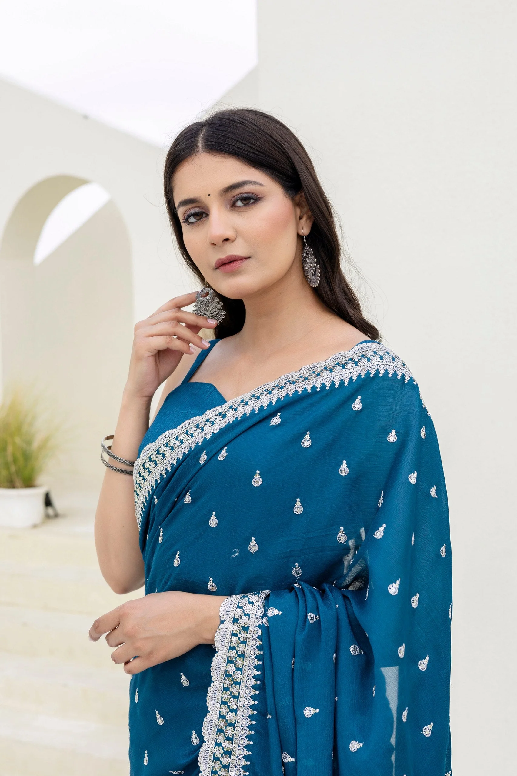 Blue Chinon Saree with Zari, Dori and Sequin Work with Banglori Silk Blouse for Festive Wear