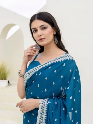 Blue Chinon Saree with Zari, Dori and Sequin Work with Banglori Silk Blouse for Festive Wear