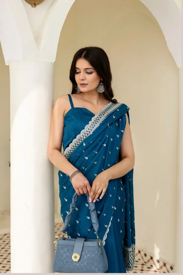 Blue Chinon Saree with Zari, Dori and Sequin Work with Banglori Silk Blouse for Festive Wear