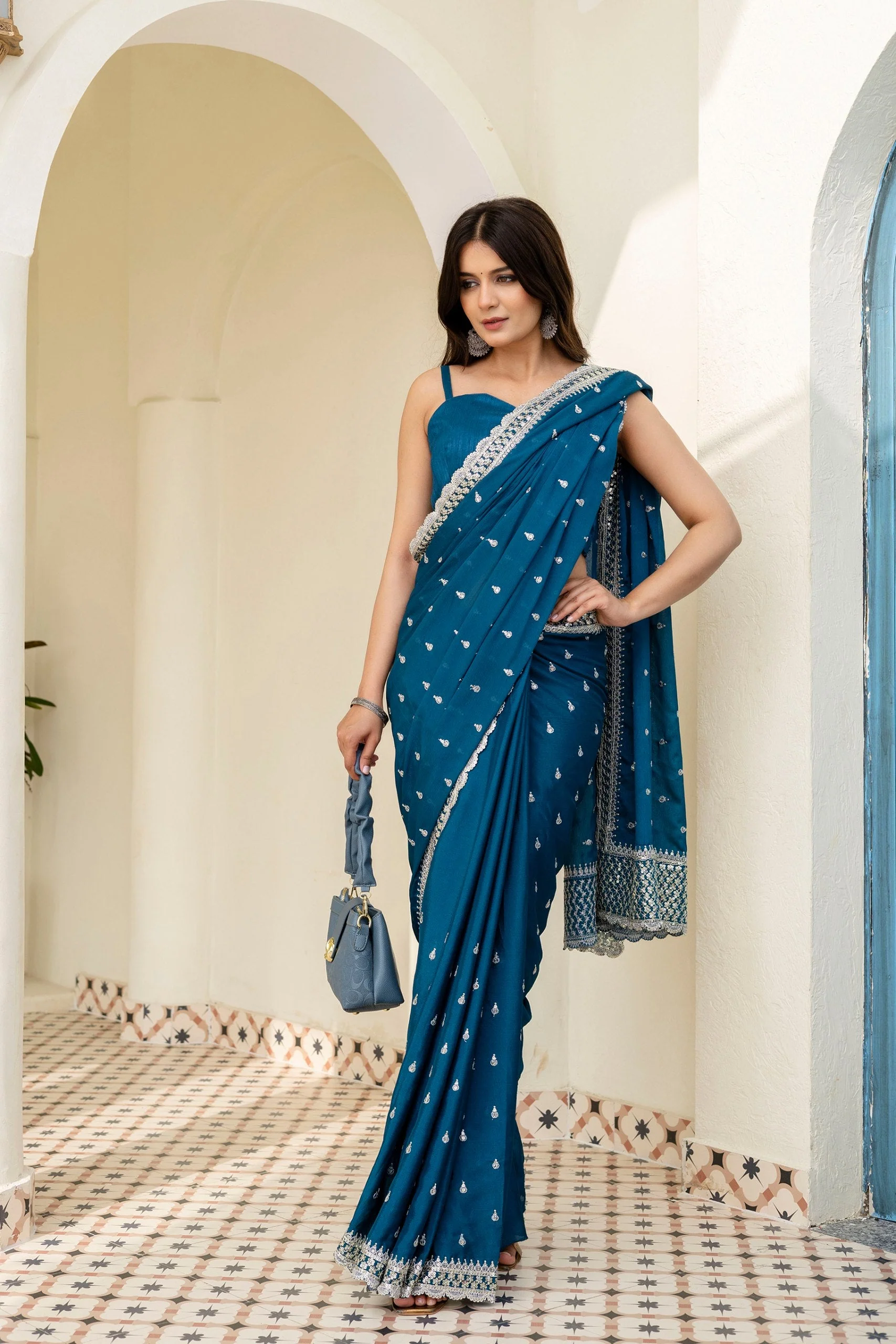 Blue Chinon Saree with Zari, Dori and Sequin Work with Banglori Silk Blouse for Festive Wear