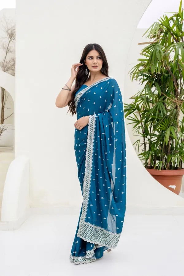 Blue Chinon Saree with Zari, Dori and Sequin Work with Banglori Silk Blouse for Festive Wear