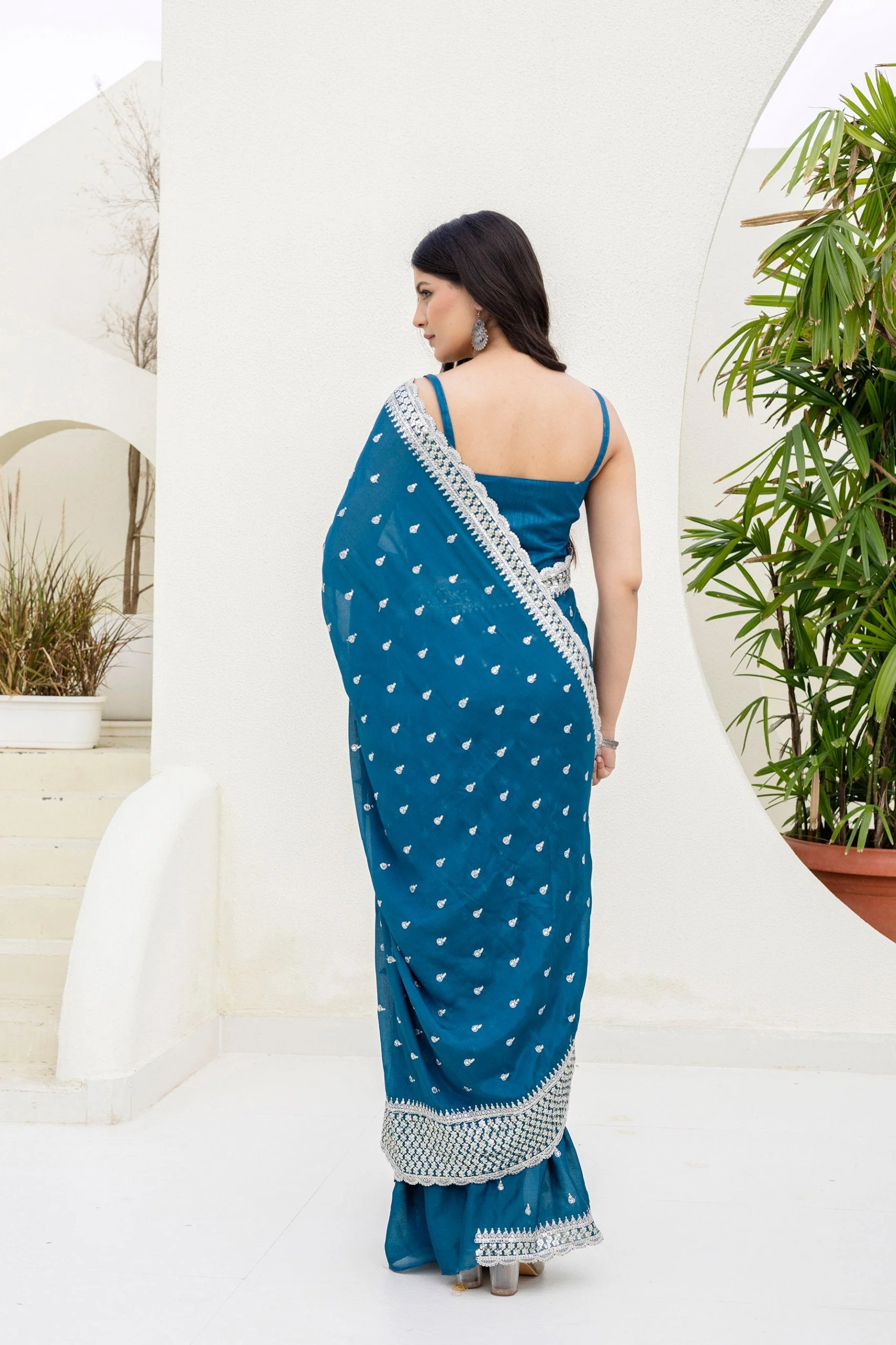 Blue Chinon Saree with Zari, Dori and Sequin Work with Banglori Silk Blouse for Festive Wear