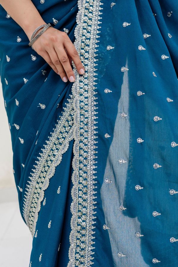 Blue Chinon Saree with Zari, Dori and Sequin Work with Banglori Silk Blouse for Festive Wear