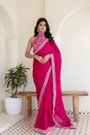 Pink Rangoli Silk Saree with Cording Embroidery and Double Sequins Work - PINK