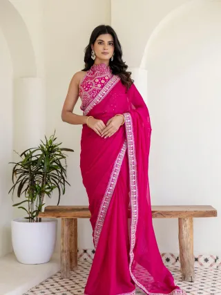 Pink Rangoli Silk Saree with Cording Embroidery and Double Sequins Work
