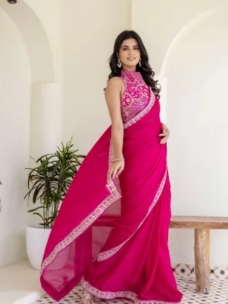 Pink Rangoli Silk Saree with Cording Embroidery and Double Sequins Work