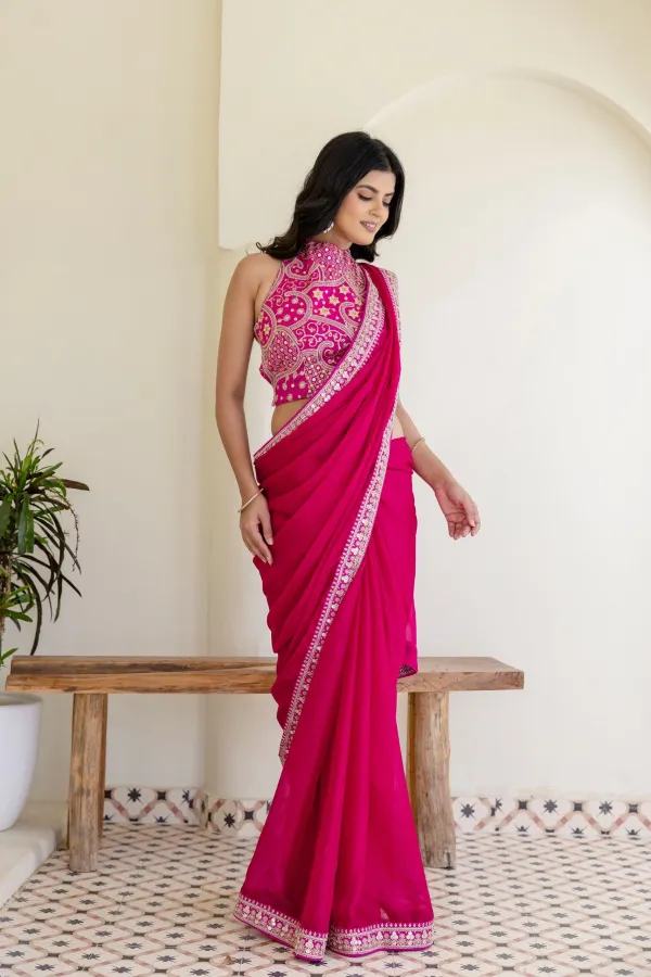 Pink Rangoli Silk Saree with Cording Embroidery and Double Sequins Work