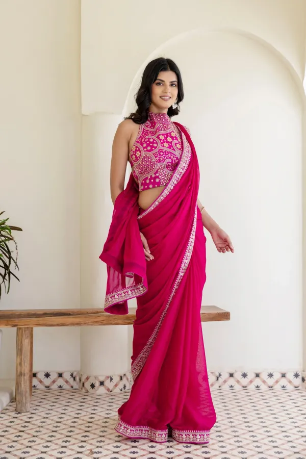 Pink Rangoli Silk Saree with Cording Embroidery and Double Sequins Work
