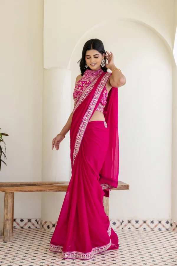 Pink Rangoli Silk Saree with Cording Embroidery and Double Sequins Work