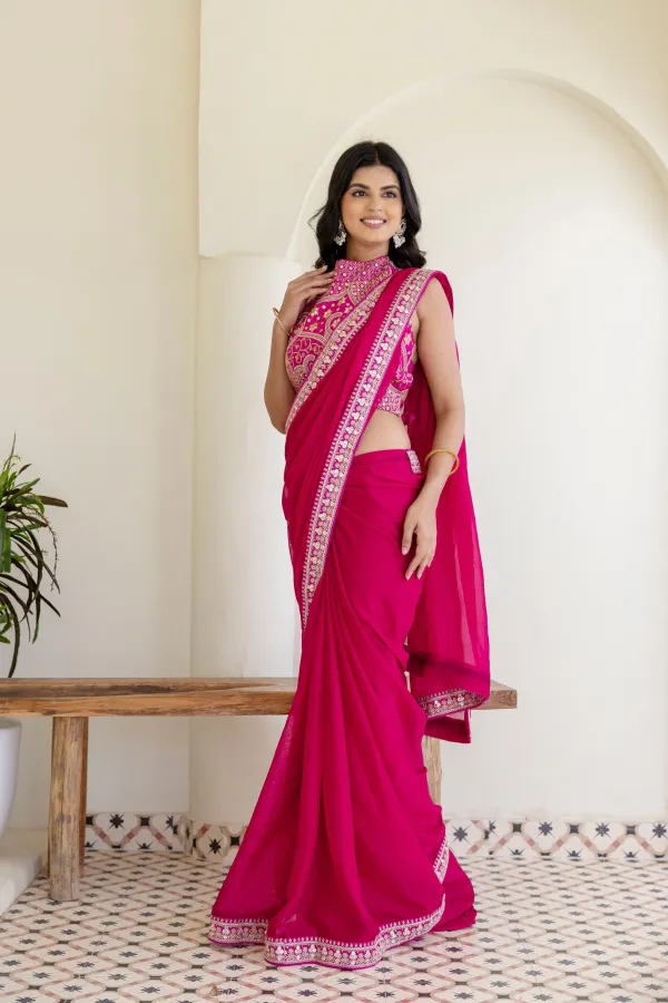 Pink Rangoli Silk Saree with Cording Embroidery and Double Sequins Work