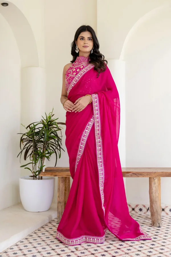 Pink Rangoli Silk Saree with Cording Embroidery and Double Sequins Work