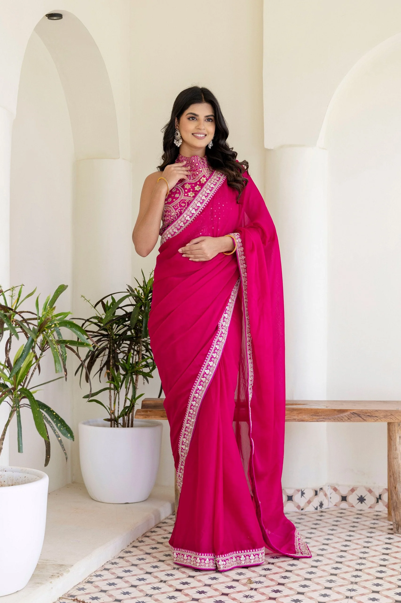 Pink Rangoli Silk Saree with Cording Embroidery and Double Sequins Work