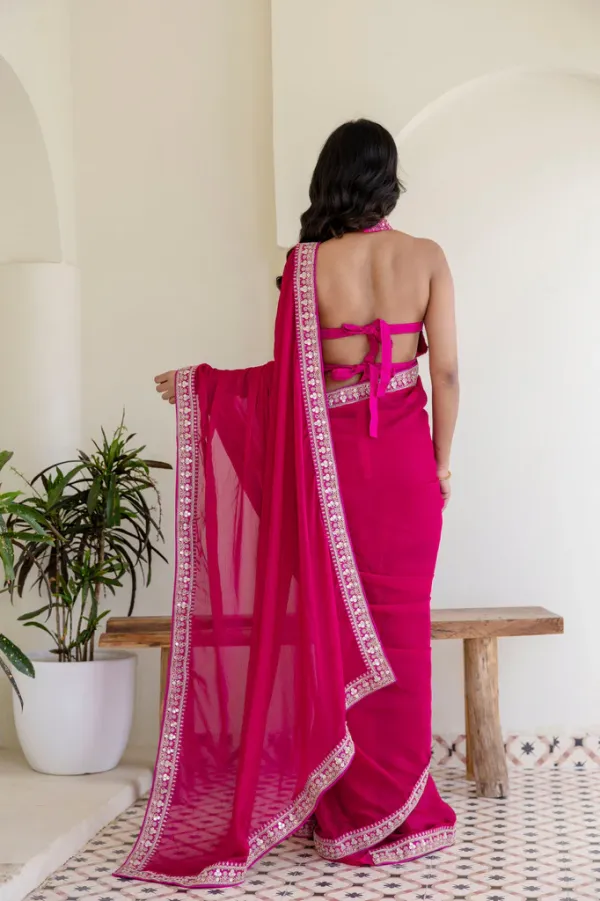 Pink Rangoli Silk Saree with Cording Embroidery and Double Sequins Work