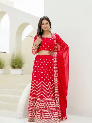 Red Georgette Foil Embroidered Lehenga Set with Dupatta, Semi Stitched Lehenga and Unstitched Blouse